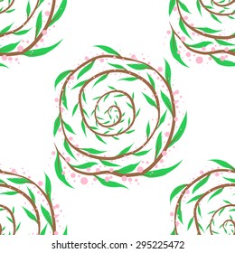 Green small leaves pattern background.Branch spiral with pink bubbles.