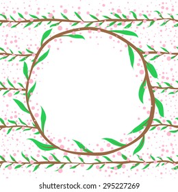 Green small leaves pattern background.Circle branch with pink bubbles.