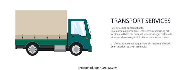 Banner verde para camiones pequeños, servicios de transporte y entrega de carga y logística, transporte y carga de mercancías, ilustración vectorial