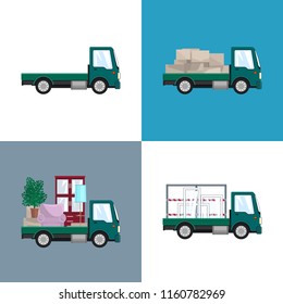 Green Small Trucks with Different Loads Isolated, Empty and Covered Trucks, Lorry with Furniture ,Freight Car with Windows, Delivery Services, Transport Services and Logistics, Vector Illustration