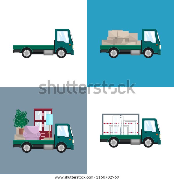 Green Small Trucks with Different Loads\
Isolated, Empty and Covered Trucks, Lorry with Furniture ,Freight\
Car with Windows, Delivery Services, Transport Services and\
Logistics, Vector\
Illustration