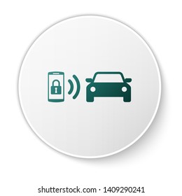 Green Smart car alarm system icon isolated on white background. The smartphone controls the car security on the wireless. White circle button. Vector Illustration