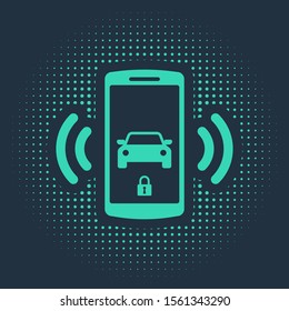 Green Smart car alarm system icon isolated on blue background. The smartphone controls the car security on the wireless. Abstract circle random dots. Vector Illustration