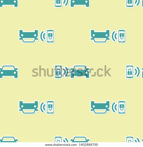 Green Smart car alarm\
system icon isolated seamless pattern on yellow background. The\
smartphone controls the car security on the wireless. Vector\
Illustration