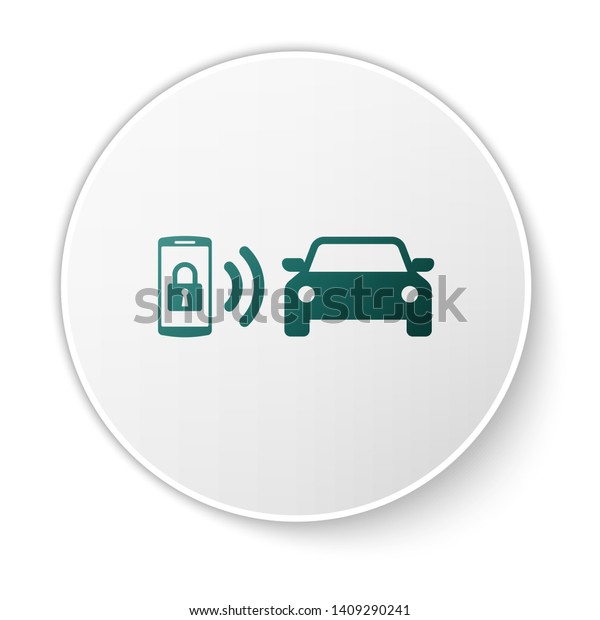 Green Smart car alarm system\
icon isolated on white background. The smartphone controls the car\
security on the wireless. White circle button. Vector\
Illustration