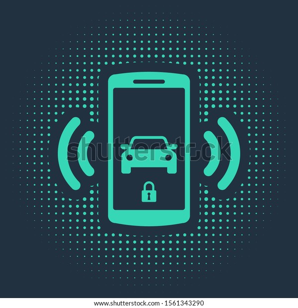 Green Smart car\
alarm system icon isolated on blue background. The smartphone\
controls the car security on the wireless. Abstract circle random\
dots. Vector\
Illustration