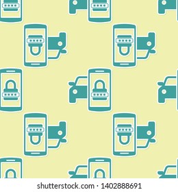 Green Smart car security system icon isolated seamless pattern on yellow background. The smartphone controls the car security on the wireless. Vector Illustration