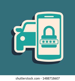 Green Smart car security system icon isolated on blue background. The smartphone controls the car security on the wireless. Long shadow style. Vector Illustration