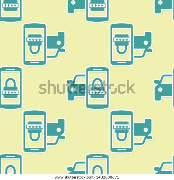 Green Smart car security
system icon isolated seamless pattern on yellow background. The
smartphone controls the car security on the wireless. Vector
Illustration