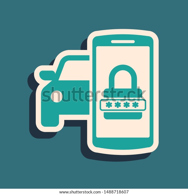 Green Smart car security\
system icon isolated on blue background. The smartphone controls\
the car security on the wireless. Long shadow style. Vector\
Illustration