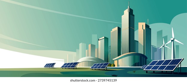Green Smart City with Solar Panels and Wind Turbines Future Clean Energy Concept