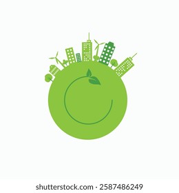 Green Smart City with green city, wind turbines and trees. Globe silhouette