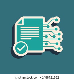 Green Smart contract icon isolated on blue background. Blockchain technology, cryptocurrency mining, bitcoin, altcoins, digital money market. Long shadow style. Vector Illustration