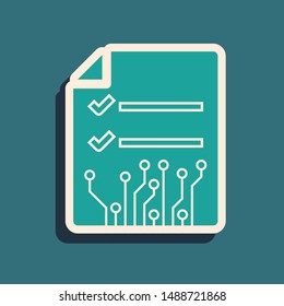 Green Smart contract icon isolated on blue background. Blockchain technology, cryptocurrency mining, bitcoin, altcoins, digital money market. Long shadow style. Vector Illustration