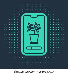 Green Smart control farming system mobile application icon isolated on blue background. Abstract circle random dots. Vector Illustration