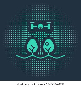 Green Smart farm with drone control and tree icon isolated on blue background. Innovation technology for agricultural company. Abstract circle random dots. Vector Illustration