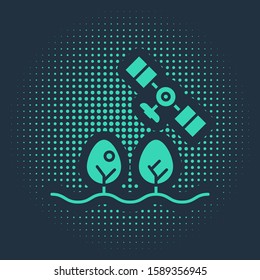 Green Smart farm with drone control and tree icon isolated on blue background. Innovation technology for agricultural company. Abstract circle random dots. Vector Illustration