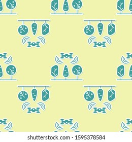 Green Smart farm with drone control and tree icon isolated seamless pattern on yellow background. Innovation technology for agricultural company.  Vector Illustration