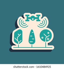 Green Smart farm with drone control and tree icon isolated on blue background. Innovation technology for agricultural company. Long shadow style. Vector Illustration