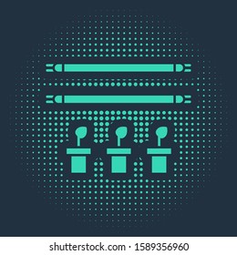 Green Smart farm with light bulb and plant symbol icon isolated on blue background. Abstract circle random dots. Vector Illustration