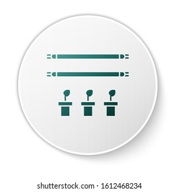 Green Smart farm with light bulb and plant symbol icon isolated on white background. White circle button. Vector Illustration