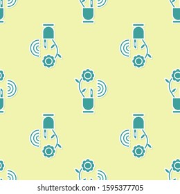 Green Smart farming technology - farm automation system in app icon isolated seamless pattern on yellow background.  Vector Illustration
