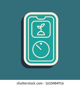 Green Smart farming technology - timer farm automation system in app icon isolated on blue background. Long shadow style. Vector Illustration