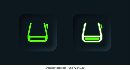 Green Smart glasses mounted on spectacles icon isolated on black background. Wearable electronics smart glasses with camera and display. Black square button. Vector