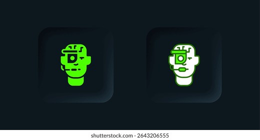 Green Smart glasses mounted on spectacles icon isolated on black background. Wearable electronics smart glasses with camera and display. Black square button. Vector