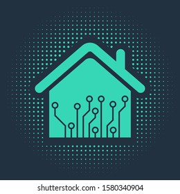 Green Smart home icon isolated on blue background. Remote control. Abstract circle random dots. Vector Illustration
