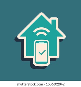 Green Smart home - remote control system icon isolated on blue background. Long shadow style. Vector Illustration