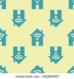 Green Smart home with wi-fi icon isolated seamless pattern on yellow background. Remote control. Vector Illustration