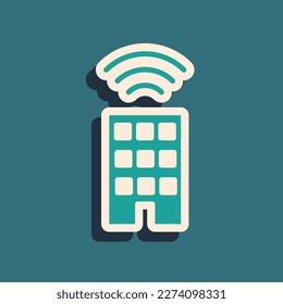 Green Smart home with wireless icon isolated on green background. Remote control. Internet of things concept with wireless connection. Long shadow style. Vector