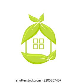 Green Smart House Natural Save Planet Energy Flat. Modern Logo Company Manufacturing Natural Things For Home Interior Electronics Solar Energy Zero Waste Production Simple Home Linear Leafy Isolated