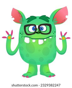 Green smart monster wearing glasses. Vector illustration isolated on white
