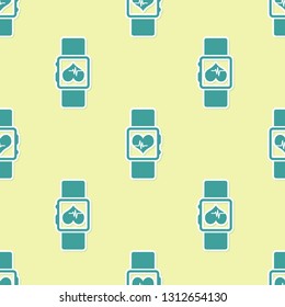 Green Smart watch showing heart beat rate icon isolated seamless pattern on yellow background. Fitness App concept. Vector Illustration