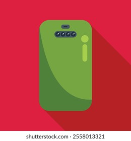 Green smartphone back side having four camera lenses is casting shadow on red background