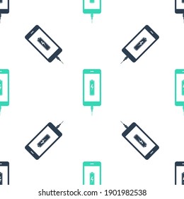 Green Smartphone battery charge icon isolated seamless pattern on white background. Phone with a low battery charge and with USB connection. Vector.