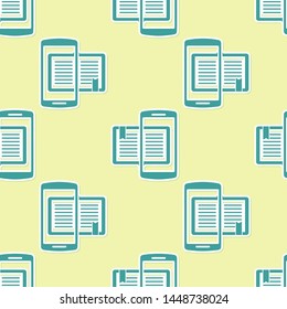 Green Smartphone and book icon isolated seamless pattern on yellow background. Online learning or e-learning concept.  Vector Illustration
