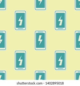 Green Smartphone charging battery icon isolated seamless pattern on yellow background. Phone with a low battery charge. Vector Illustration