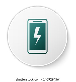 Green Smartphone charging battery icon isolated on white background. Phone with a low battery charge. White circle button. Vector Illustration
