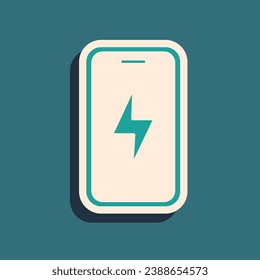 Green Smartphone charging battery icon isolated on green background. Phone with a low battery charge. Long shadow style. Vector