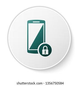 Green Smartphone with closed padlock icon isolated on white background. Phone with lock. Mobile security, safety, protection concept. White circle button. Vector Illustration
