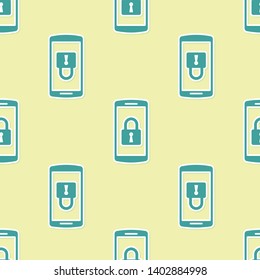 Green Smartphone with closed padlock icon isolated seamless pattern on yellow background. Phone with lock. Mobile security, safety, protection concept. Vector Illustration