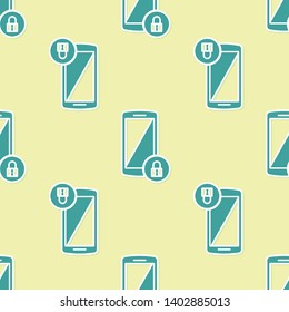Green Smartphone with closed padlock icon isolated seamless pattern on yellow background. Phone with lock. Mobile security, safety, protection concept. Vector Illustration