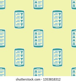 Green Smartphone with contacts on screen icon isolated seamless pattern on yellow background. Incoming call. People on phone screen. Call contact. Flat design. Vector Illustration