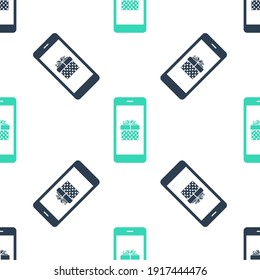 Green Smartphone with gift box and heart symbol on the screen icon isolated seamless pattern on white background. Valentine's day symbol. The online store, e-shopping. Vector.