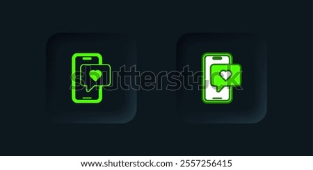 Green Smartphone with heart emoji speech bubble get message on screen icon isolated on black background. Valentines day. Black square button. Vector