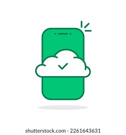 green smartphone icon like cloud computing with tick. flat trend modern logotype graphic simple design element isolated on white. concept of data synchronization or connect and mobile app pictogram