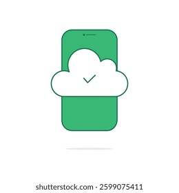 green smartphone icon like cloud computing with tick. flat trend modern logotype graphic simple design element isolated on white. concept of data synchronization or connect and mobile app pictogram